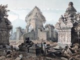 This coloured lithograph depicts the ruins of the temple of Prambanan in central Java, the largest Hindu temple ever built in Indonesia and one of the largest in Southeast Asia. Dedicated to the triumvirate of Shiva, Brahma, and Vishnu, the temple was built around 850 CE. by the Mataram dynasty but abandoned soon after its construction. The Mataram dynasty practiced aspects of both Hinduism and Buddhism, and the temple complex includes some of the earliest Buddhist temples in Indonesia. Prambanan was named a UNESCO World Heritage Site in 1991. 