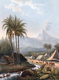 This colored lithograph shows Smeroe (Semeru), the largest volcano on the island of Java. Also known as Mahameru, or the Great Mountain, the volcano erupted at least once a year during the 19th century, and since 1967 has been in a state of near-constant activity.<br/><br/> 

This view from the town of Pasuruan shows a plume of smoke coming from the top of mountain. The Dutch painter Abraham Salm (1801-76) spent 29 years in Indonesia, where he produced many dramatic landscape paintings. This lithograph is one of 15 views of Java, based on Salm’s work, made by the Dutch engraver J.C. Grieve and published in Amsterdam in 1872.